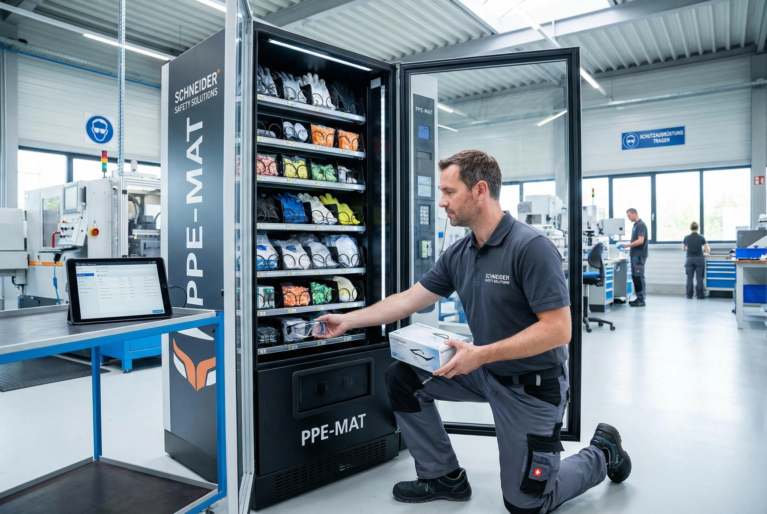 Servicetechniker befüllt den PSA-Ausgabeautomaten