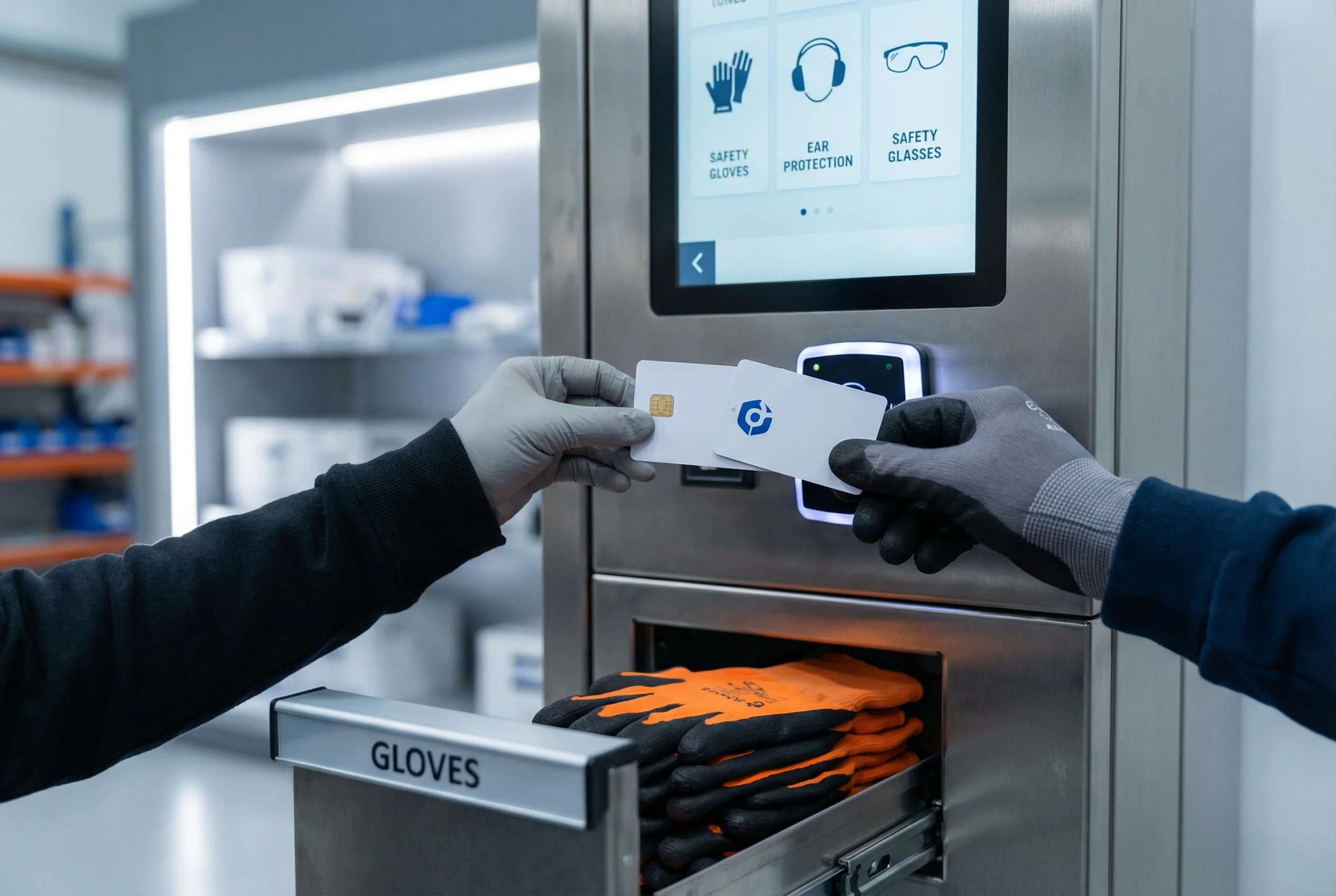 Mitarbeiter entnimmt PSA per Chipkarte am Ausgabeautomaten